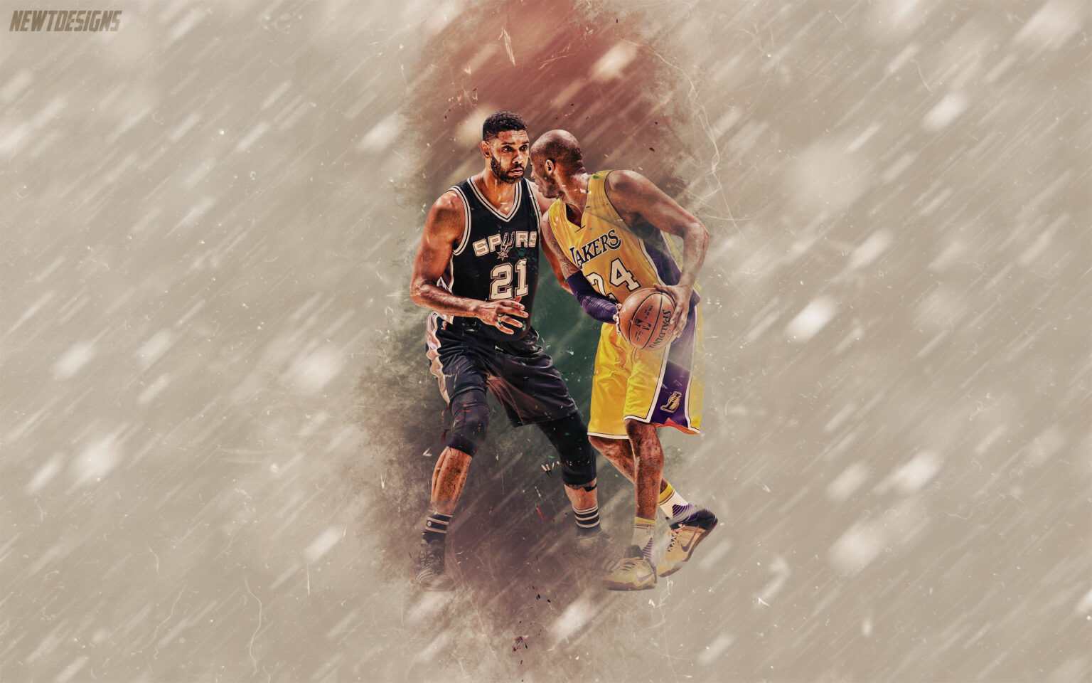 Tim Duncan and Kobe Bryant both retired in the 2016 NBA Season. This wallpaper is them facing off in their last game against each other.